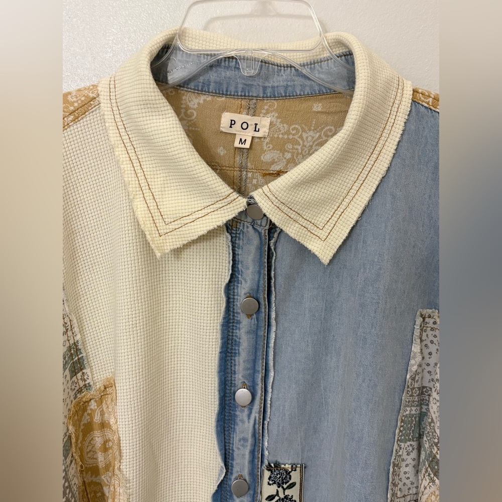 Pol Patchwork Boho Mixed Print Button Down Shirt … - image 4